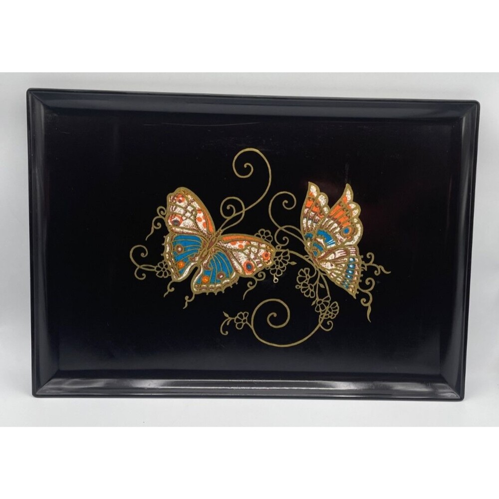 Vintage Couroc Monterey Butterflies Melamine Tray 18" x 12" Black Inlaid Satin